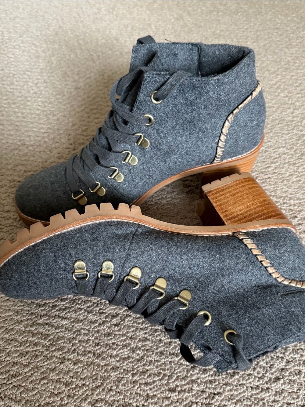 Jack Rogers Charcoal Felt Lace-Up Ankle Booties with Stacked Heel